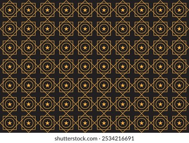 Ein abstraktes islamisches geometrisches Sternmuster in Gold weist komplizierte, strahlende Formen auf, die einen atemberaubenden und eleganten strukturierten Hintergrund schaffen.