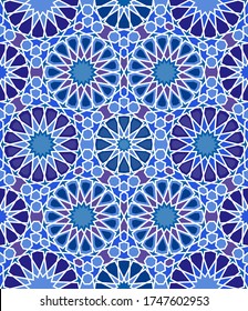 Islamic Geometry. Middle East, Andalus background. Blue mosaic tile, Zellige print. Arabic ceramic tile. Vector illustration.