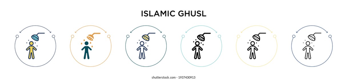 Islamic ghusl icon in filled, thin line, outline and stroke style. Vector illustration of two colored and black islamic ghusl vector icons designs can be used for mobile, ui, web