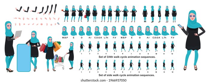 Islamic Girl Character Design Model Sheet With Walk Cycle Animation. Girl Character Design. Front, Side, Back View And Explainer Animation Poses. Character Set With Various Views And Lip Sync 