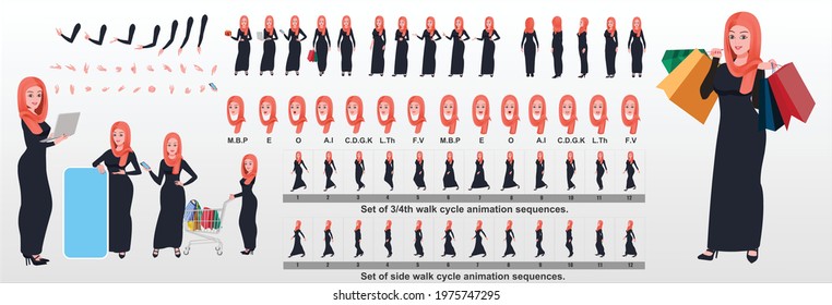 Islamic Girl Character Design Model Sheet With Walk Cycle Animation. Girl Character Design. Front, Side, Back View And Explainer Animation Poses. Character Set With Various Views And Lip Sync 