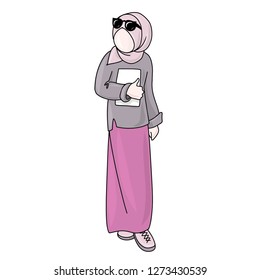 Islamic girl. Muslim student. Middle Eastern woman in hijab (tradicional muslim cloth). Girl in maxi skirt. Hijab vector illustration.