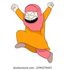 Islamic girls are angry, shouting, kicking them out. vector design illustration art