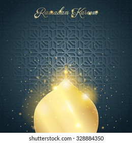 Islamic glow mosque dome on arabic pattern background for greeting of Ramadan Kareem - Translation : May Generosity Bless you during the holy month