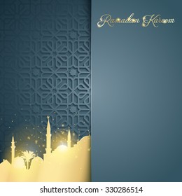 Islamic glow mosque on arabic pattern background for greeting of Ramadan Kareem - Translation : May Generosity Bless you during the holy month