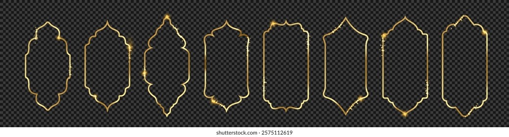 Islamic gold shape set. Muslim arab gold frames collection isolated on black background.