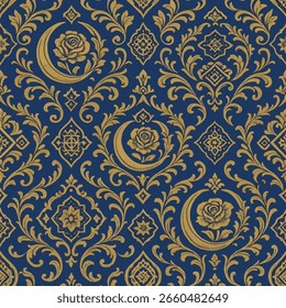 Islamisches goldenes Barockmuster mit Halbmond und Rose auf Marinehintergrund - Nahtloses Luxusdesign