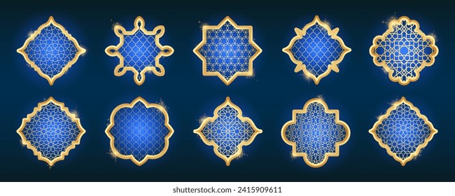 Islamische goldene Rahmenformen Set. Ramadan-Fenster mit Ornament. Vektororientalisches Dekor. Arabische traditionelle Rahmenelemente und Zeichen