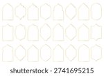 Islamic golden frames collection. Traditional Arabic door and window frames. Oriental mosque arch in luxury style. Set of outline Arabic golden frames and windows with Islamic geometric patterns. Vector