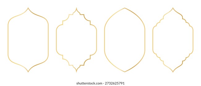 Islamic golden frames collection. Traditional Arabic door and window frames. Oriental mosque arch in luxury style. Set of outline Arabic golden frames and windows with Islamic geometric patterns. Vector