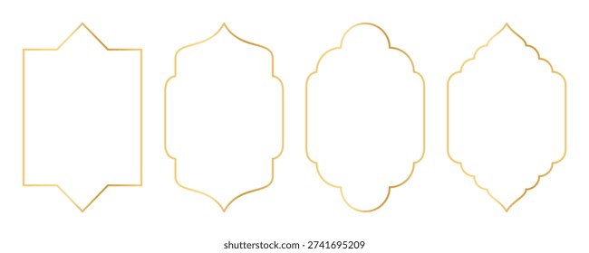 Islamic golden frames collection. Traditional Arabic door and window frames. Oriental mosque arch in luxury style. Set of outline Arabic golden frames and windows with Islamic geometric patterns. Vector