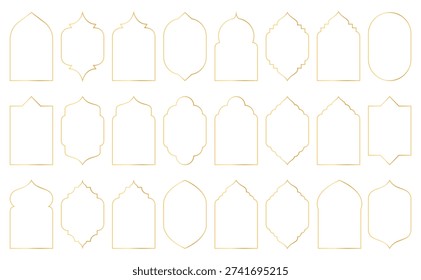 Islamic golden frames collection. Traditional Arabic door and window frames. Oriental mosque arch in luxury style. Set of outline Arabic golden frames and windows with Islamic geometric patterns. Vector