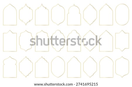Islamic golden frames collection. Traditional Arabic door and window frames. Oriental mosque arch in luxury style. Set of outline Arabic golden frames and windows with Islamic geometric patterns. Vector