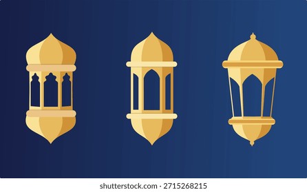 Islamic Golden Lantern Vector Set for Ramadan and Eid Mubarak Background, Arabic Hanging Lamp Ornament Illustration, Luxury Gold Decoration, Editable Flat Design