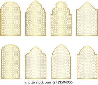 An Islamic golden window design with elegant arches and luxurious ornamental details.
