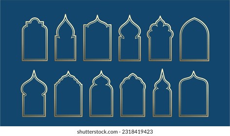 Islamic golden window frames illustrations collection. Arabian architecture geometric arch door shapes silhouettes set. Ramadan kareem mosque gates icons. Isolated