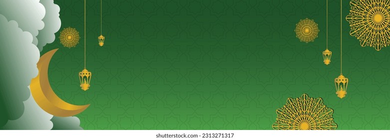 Fondo de color de gradiente islámico, con bella mandala, linterna, adorno lunar. plantilla vectorial para banner, tarjeta de saludo, web, para festividad islámica.