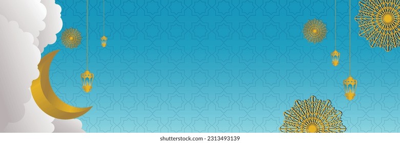 Islamic gradient color background, with beautiful mandala, lantern, moon ornament. vector template for banner, greeting card, web, for Islamic holiday.