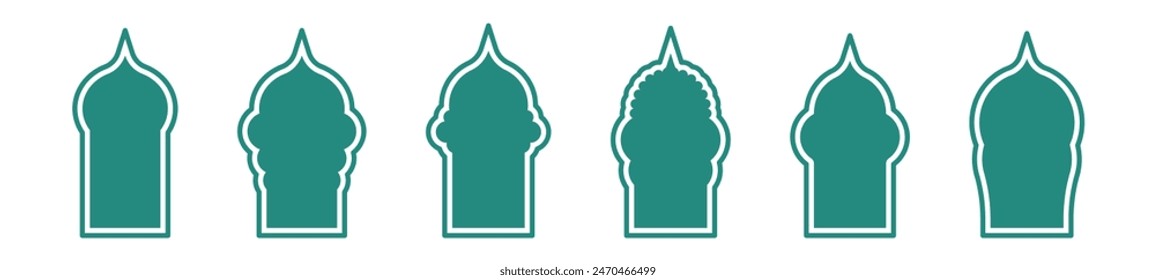 Islamic green arch with pattern and ornament. Ramadan Arab frame design for mosque door. Flat vector illustration isolated on white background.