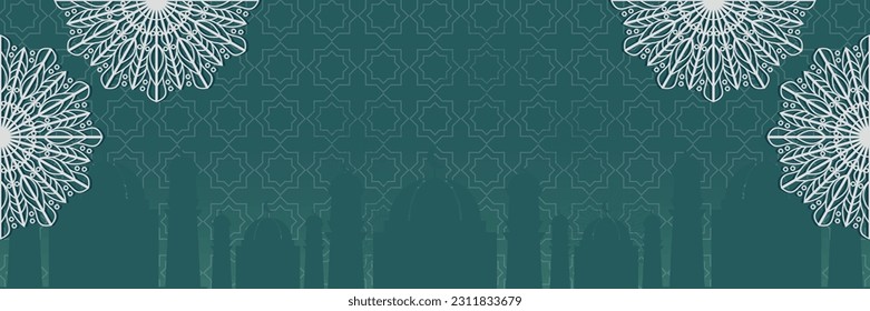 Fondo islámico verde, con hermoso adorno de mandala. plantilla vectorial para banners, tarjetas de felicitación para festividades islámicas.