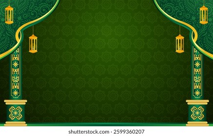 Islamic Green Background with Lanterns and Ornate Patterns