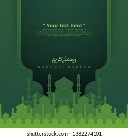 Islamic green background with mosque. Luxury Greeting card background with 3D paper cut style.
