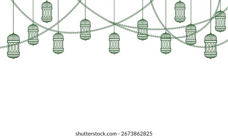 Islamische grüne Laternen auf Ketten Dekoration. Dekoratives Vektorgrafik-Banner.