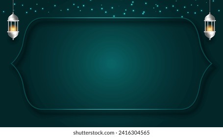 Islamic green ramadan kareem eid mubarak arabic golden banner text box frame background banner design illustration. Translation. "Muslim fasting month and celebration day after fasting."