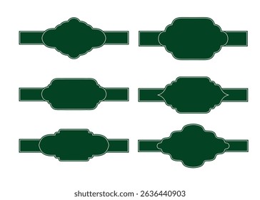 Islamic green ribbons for text, window form. Muslim panel elements. Vector illustrations set. Ramadan window shapes.