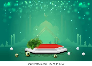 Islamic greeting 3d podium for Ramadan Kareem with green color