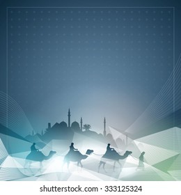 Islamic greeting background for eid and ramadan with mosque arabian and camel silhouette