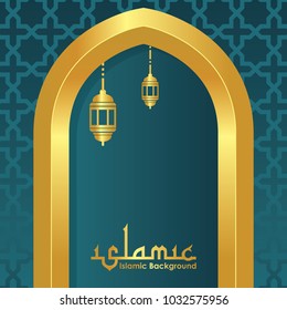 Islamic greeting banner background with gold lantern and Arabic Pattern vector illustration