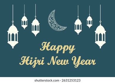 Islamic greeting banner with crescent moon and lanterns for Hijri New Year celebration. This vector symbolizes Islamic culture, religious tradition and spiritual renewal