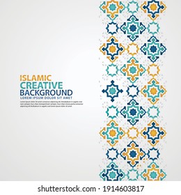 Islamic greeting card banner background with ornamental colorful detail of floral mosaic islamic art ornament.Vector illustration. - Shutterstock ID 1914603817