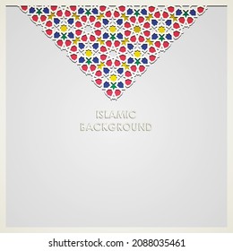 Islamic greeting card banner background with ornamental colorful detail of floral mosaic islamic art ornament.Vector illustration.