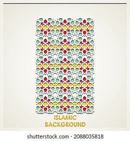 Islamic greeting card banner background with ornamental colorful detail of floral mosaic islamic art ornament.Vector illustration.