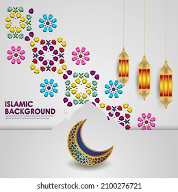 Islamic greeting card banner background with ornamental colorful detail of floral mosaic islamic art ornament.Vector illustration.