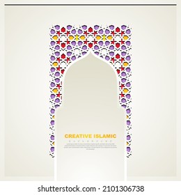 Islamic greeting card banner background with ornamental colorful detail of floral mosaic islamic art ornament.Vector illustration.