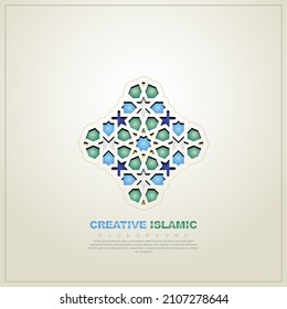 Islamic greeting card banner background with ornamental colorful detail of floral mosaic islamic art ornament.Vector illustration.