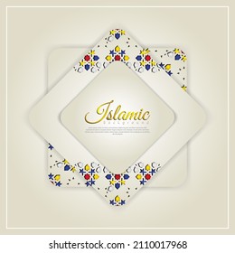 Islamic greeting card banner background with ornamental colorful detail of floral mosaic islamic art ornament.Vector illustration.