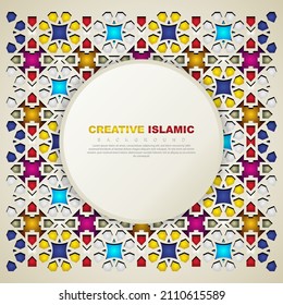 Islamic greeting card banner background with ornamental colorful detail of floral mosaic islamic art ornament.Vector illustration.