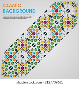 Islamic greeting card banner background with ornamental colorful detail of floral mosaic islamic art ornament.Vector illustration.