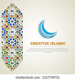 Islamic greeting card banner background with ornamental colorful detail of floral mosaic islamic art ornament.Vector illustration.