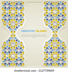 Islamic greeting card banner background with ornamental colorful detail of floral mosaic islamic art ornament.Vector illustration.