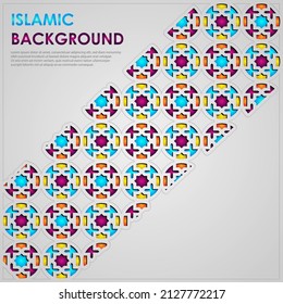 Islamic greeting card banner background with ornamental colorful detail of floral mosaic islamic art ornament.Vector illustration.