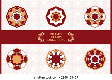 Islamic greeting card, banner background with ornamental colorful details of arabesque mosaic Islamic art ornament. Vector illustration.