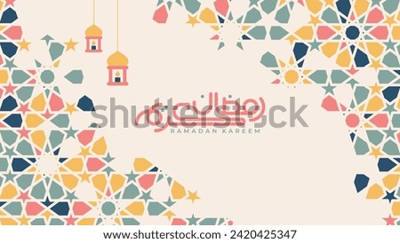 Islamic greeting card banner background adorned with colorful details of mosaic Islamic art ornament. Vector illustration.