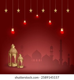 Islamic greeting card design background with red gradient color decorated with traditional lanterns and lamps