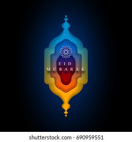 Islamic greeting card design for Eid Mubarak. Paper art style vector illustration. Elements are layered separately in vector file. 