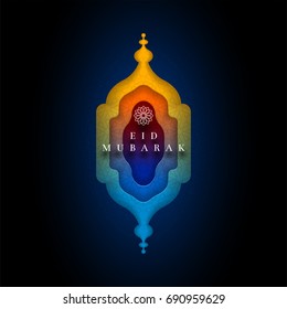 Islamic greeting card design for Eid Mubarak. Paper art style vector illustration. Elements are layered separately in vector file. 